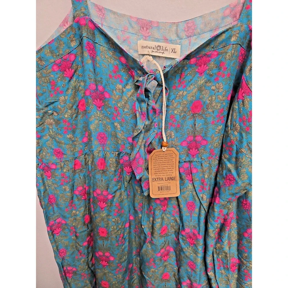 NWT‎ NATURAL LIFE Jumpsuit XL Wide Leg Floral Teal Boho Tie Front Adjust Straps